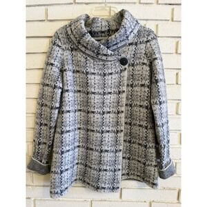Christian Siriano NY Gray Plaid Wool Blend Cowl Neck One Button‎ Sweater Sz. Sm